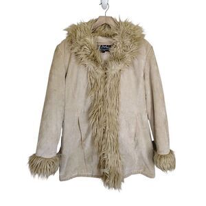 Vintage Y2K Penny Lane Coat Blue Asphalt Suede Leather Jacket Faux Fur Size XL